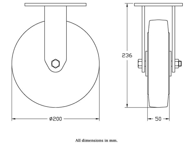 200 mm faste hjul med sort elastisk gummi på midterhjul af aluminium