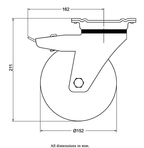 152 mm dreje-/bremsehjul med sort elastisk gummi på midterhjul af aluminium