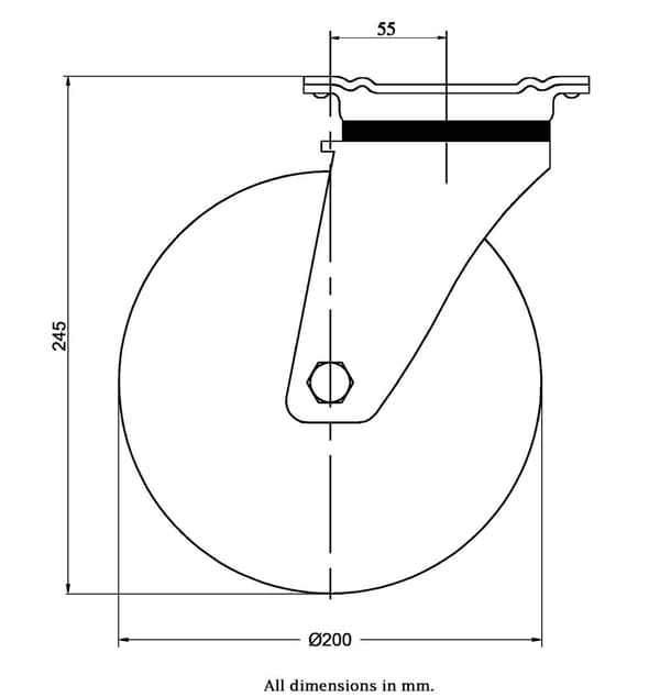 200 mm länkhjul med svart elastiskt gummi på mitthjul av aluminium