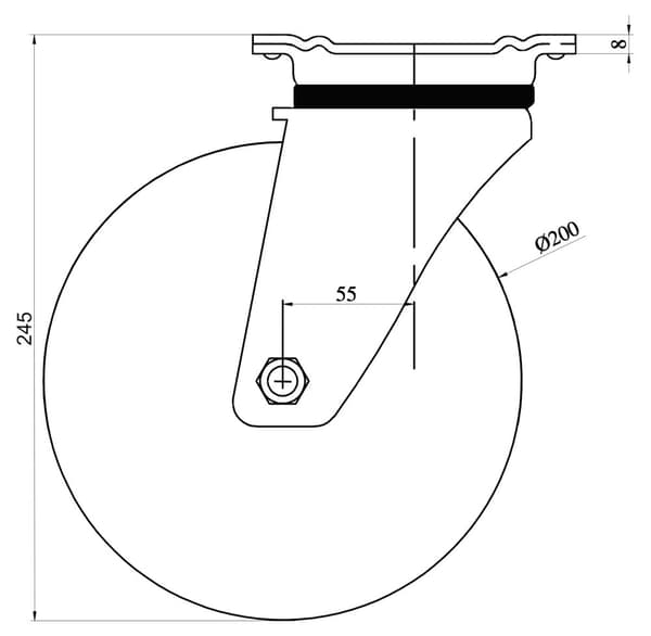 200 mm 8" hjul, sort gummi, drejelig, stærk kapacitet på 900 kg, sæt med 2 stk.