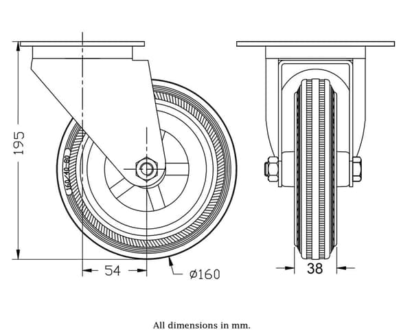 160 mm 6" hjul i rustfrit stål, grå gummi, drejelig, 135 kg