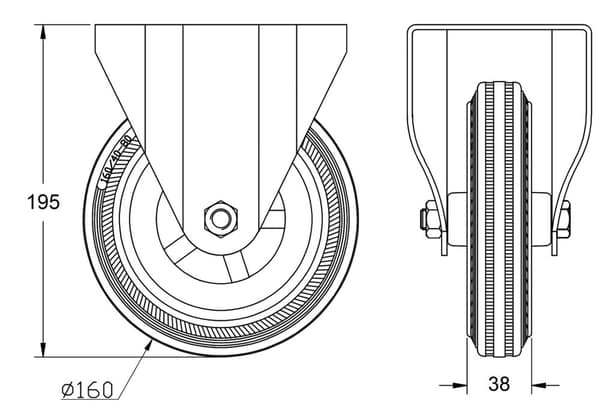 160 mm 6" hjul i rustfrit stål, grå gummi, fast, 540 kg, sæt med 4 stk.