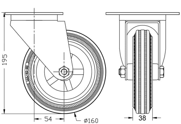 160 mm 6" hjul i rustfrit stål, grå gummi, drejelige og faste, 540 kg, sæt med 4 stk.