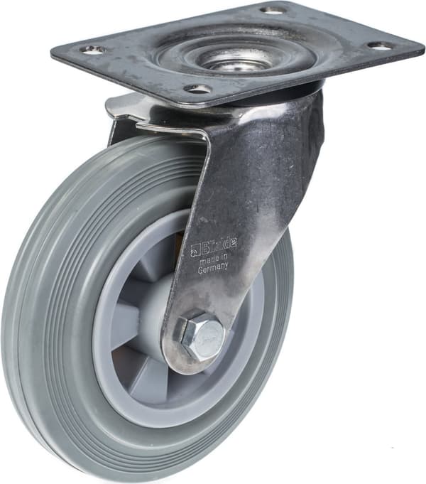 160 mm 6" hjul i rustfrit stål, grå gummi, drejelige og faste, 540 kg, sæt med 4 stk.