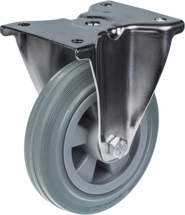 160 mm 6" hjul i rustfrit stål, grå gummi, bremse og fast, 540 kg, sæt med 4 stk.