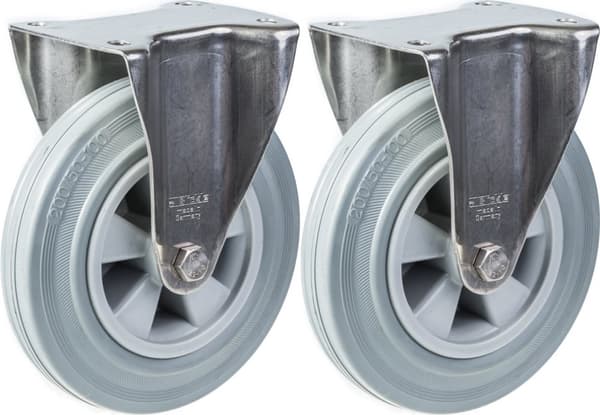 200 mm 8" hjul i rustfrit stål, grå gummi, fast, 410 kg, sæt med 2 stk.