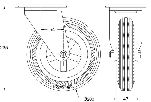 200 mm 8" rostfritt stålhjul grått gummi, svängbart, 820 kg, set om 4