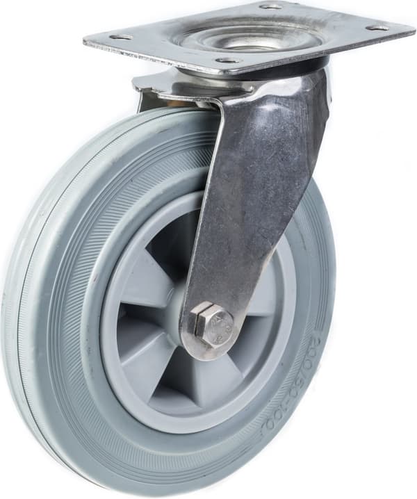 200 mm 8" rostfritt stålhjul grått gummi, svängbart, 820 kg, set om 4