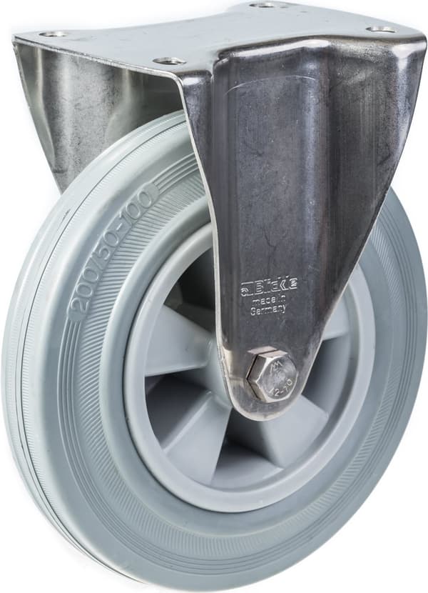 200 mm 8" rostfritt stålhjul grått gummi, svängbart och fast, 820 kg, set om 4