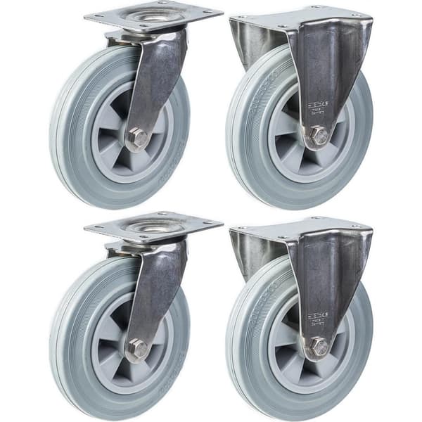 200 mm 8" rostfritt stålhjul grått gummi, svängbart och fast, 820 kg, set om 4
