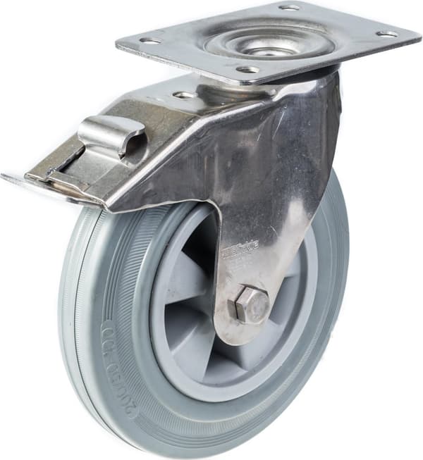 200 mm 8" hjul i rustfrit stål, grå gummi, bremse og fast, 820 kg, sæt med 4 stk.