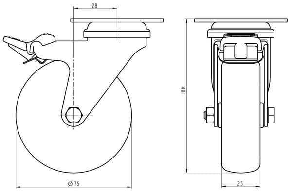 75mm 3" ruostumattomasta teräksestä valmistettu harmaa kumirooli, kääntyvä ja jarru, 240kg, 4 kpl:n sarja.