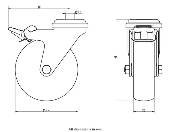 75 mm 3" hjul i rustfrit stål, grå gummi, drejelig med bremse, 60 kg