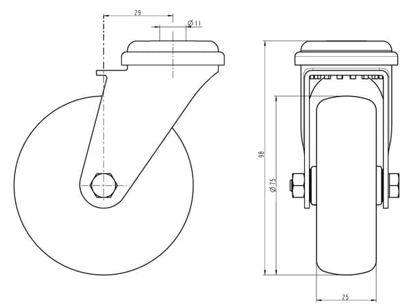 75 mm 3" rostfritt stålhjul grått gummi, svängbart, 240 kg, set om 4