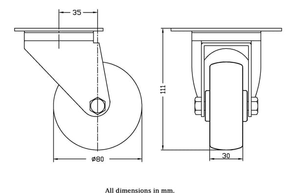 80 mm drejeligt hjul med blå elastisk gummi på midterhjul af nylon