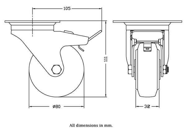 80 mm dreje-/bremsehjul med blå, elastisk gummi på midterhjul af nylon