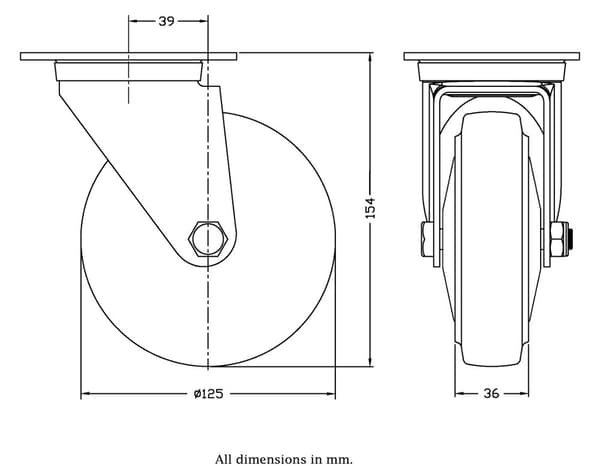 125 mm drejeligt hjul med blå elastisk gummi på midterhjul af nylon