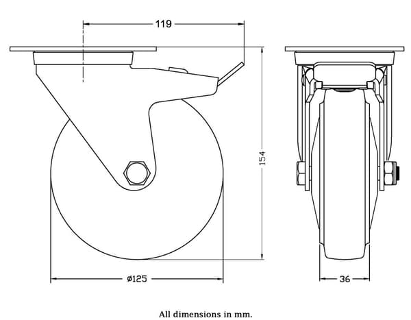 125 mm dreje-/bremsehjul med blå, elastisk gummi på midterhjul af nylon