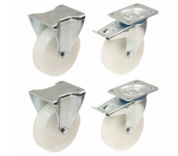Sæt med 4 - 300-serie faste hjul 80 mm polypropylen topplade 100x84 mm rulle
