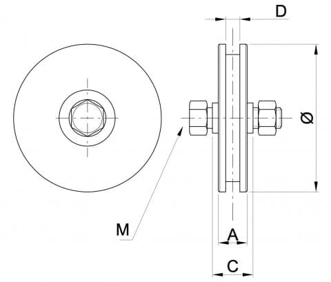100 mm rundt rillehjul med 8 mm rille til kabel med bolt og møtrik