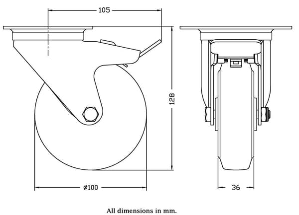 100 mm svängbart/bromsbart hjul med blått elastiskt gummi på mitthjul av nylon
