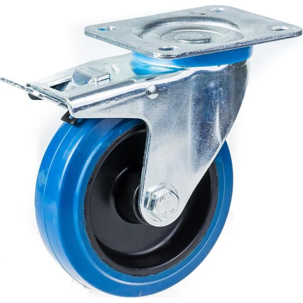 100 mm svängbart/bromsbart hjul med blått elastiskt gummi på mitthjul av nylon