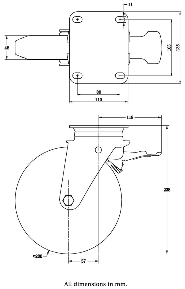 4 - 200mm hjul sort gummi drejebremse 200kg hver Kraftig 800kg pr. sæt