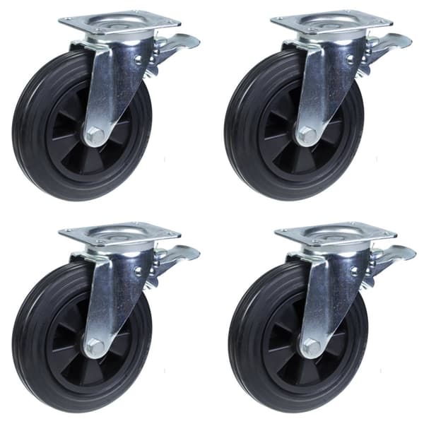 4 - 200mm hjul sort gummi drejebremse 200kg hver Kraftig 800kg pr. sæt