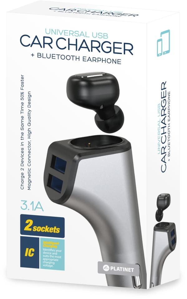 Platinet car charger 2xUSB 3,1A + Bluetooth earphone Duos (44639)