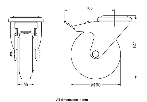 100 mm dreje-/bremsehjul med sort gummi på centerhjul af presset stål