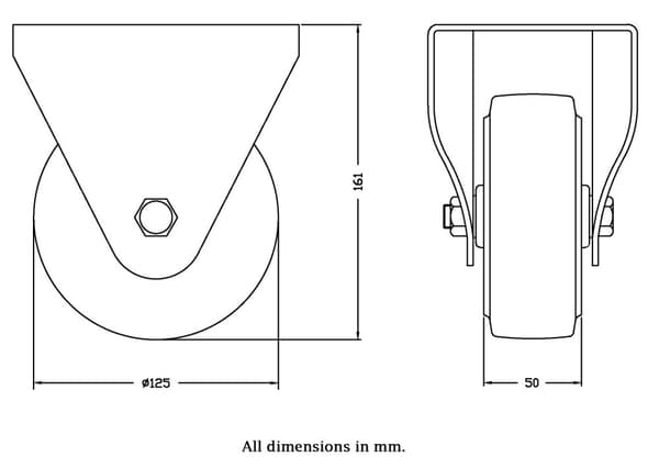 125 mm faste hjul med blå elastisk gummi på midterhjul af nylon