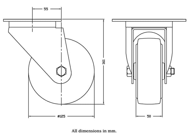 125 mm drejeligt hjul med blå elastisk gummi på midterhjul af nylon
