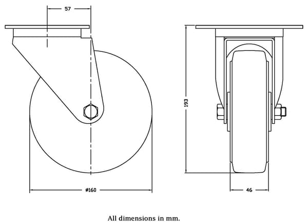 160 mm drejeligt hjul med blå elastisk gummi på midterhjul af nylon