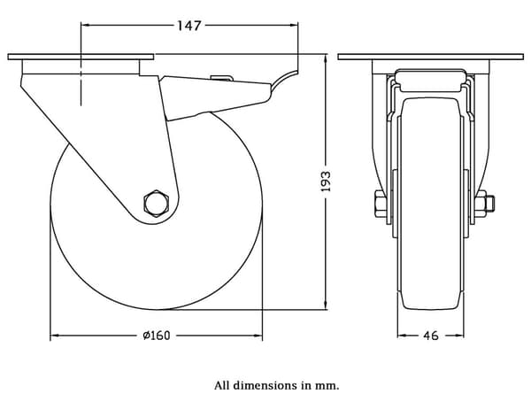 160 mm dreje-/bremsehjul med blå, elastisk gummi på midterhjul af nylon