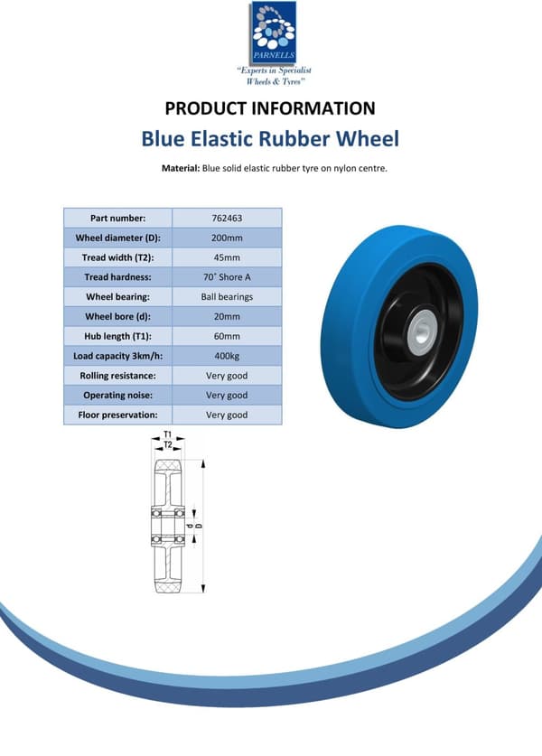 200mm wheel with blue elastic rubber on nylon centre