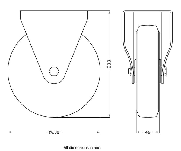 200 mm faste hjul med blå elastisk gummi på midterhjul af nylon