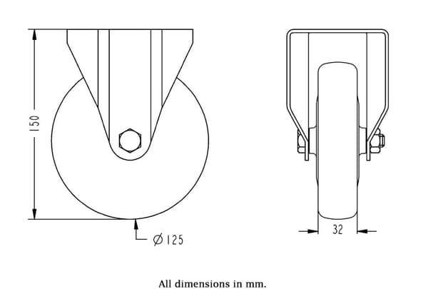 125 mm:n ruostumattomasta teräksestä valmistettu kiinteä pyörä, jossa on harmaa sähköä johtava kestomuovi.