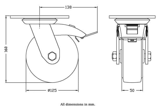 125 mm svängbart/bromsbart hjul med blått elastiskt gummi på mitthjul av nylon
