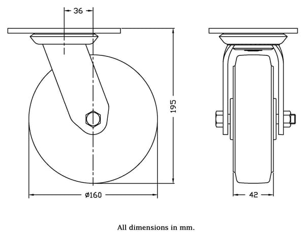 160 mm drejeligt hjul med blå elastisk gummi på midterhjul af nylon