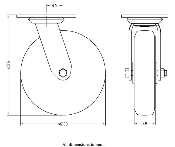 200 mm drejeligt hjul med blå elastisk gummi på midterhjul af nylon
