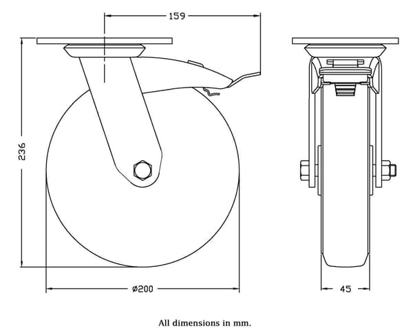 200 mm dreje-/bremsehjul med blå, elastisk gummi på midterhjul af nylon