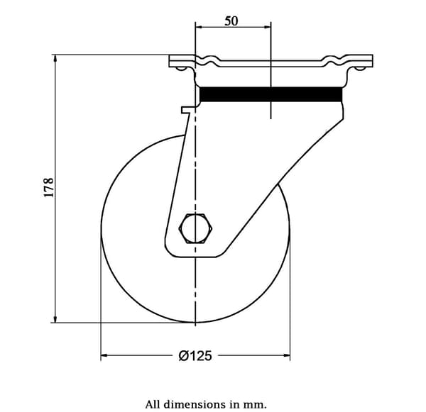 125 mm drejeligt hjul med blå elastisk gummi på midterhjul af nylon