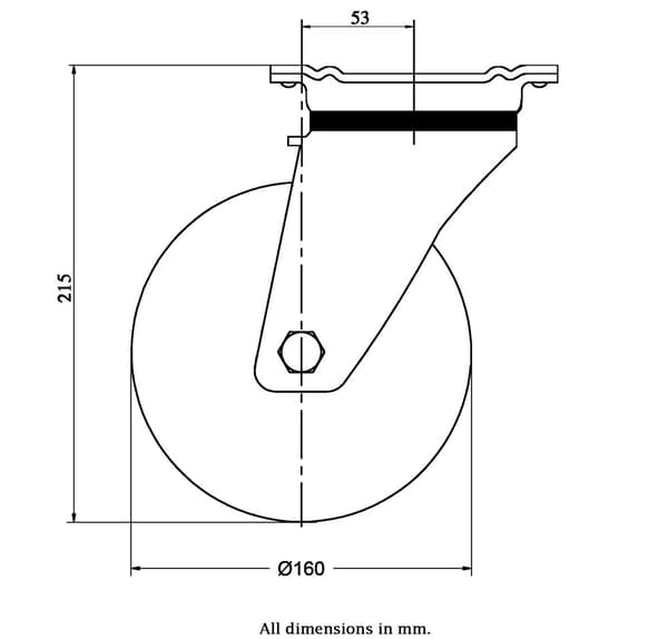 160 mm drejeligt hjul med blå elastisk gummi på midterhjul af nylon