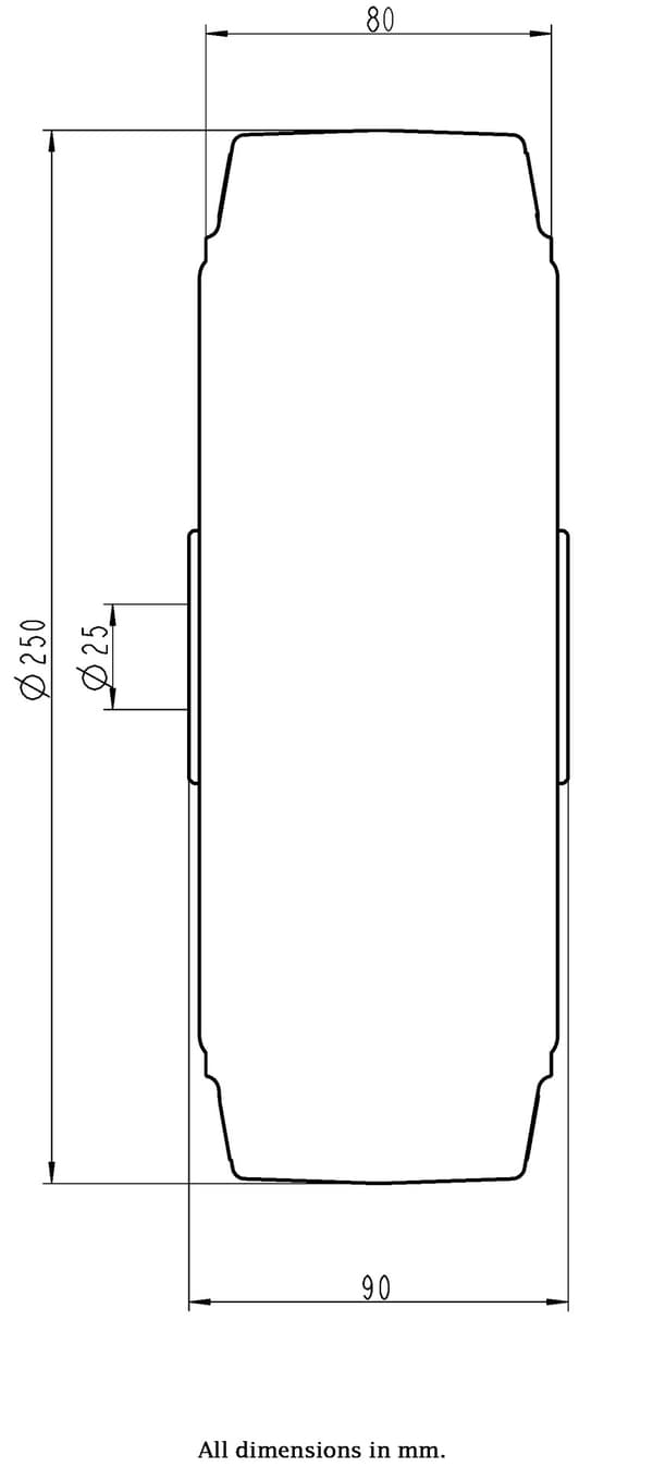 250mm pyörä mustalla elastisella kumilla hitsatun teräskeskiön päällä