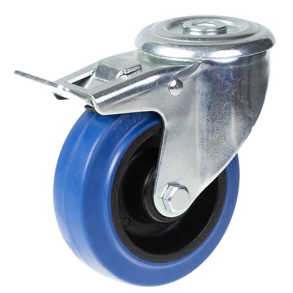 100 mm dreje-/bremsehjul med blå, elastisk gummi på midterhjul af nylon