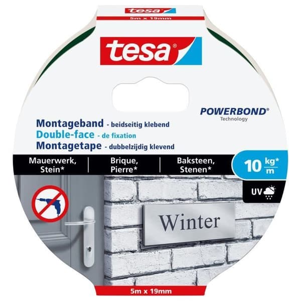 Dubbelsidig fästtejp - TESA - 5 m x 19 mm - För tegel och sten - Belastning 10 Kg/m - Multifunktionell