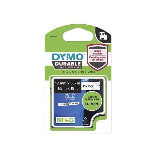 DYMO LabelManager D1 Tape Cassette Slitstark, Heavy Duty, Svart/Vit, 12 mm x 5,5 m