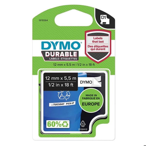 DYMO LabelManager D1 Tape Cassette Slitstark, Heavy Duty, Svart/Vit, 12 mm x 5,5 m