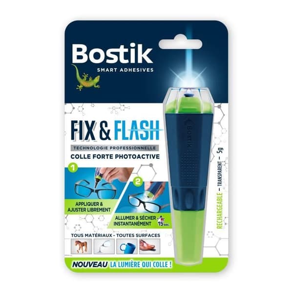 Starkt lim BOSTIK Fix &amp; Flash Photoactive Transparent Ultra resistent - applikator och 5 g tub