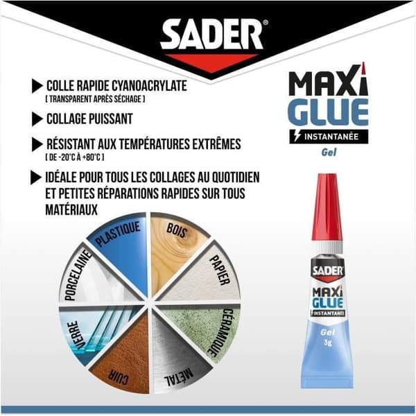 Colle Maxiglue Universel Gel SADER Transparent Ultra kraftfull och hållbar Maximal grepp på 10 sekunder - 2 rör om 3 g